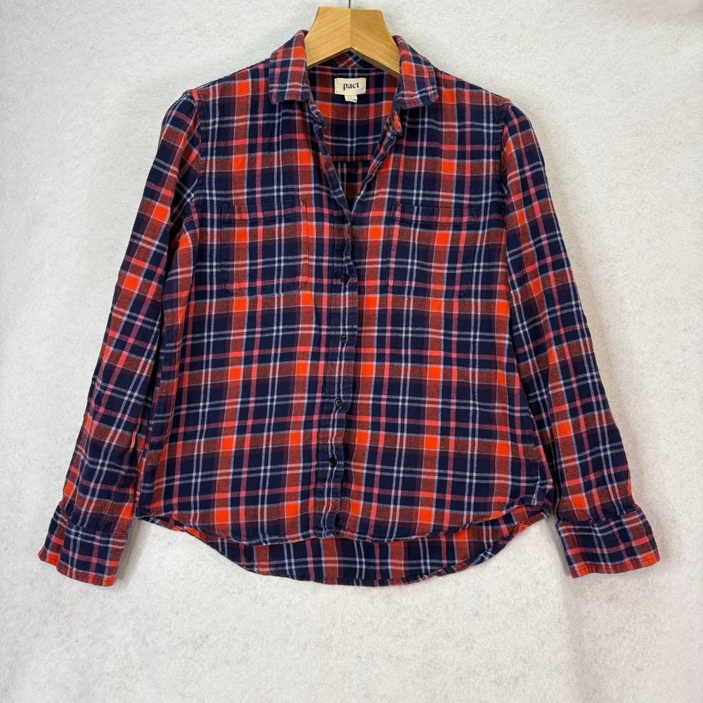 Pact Organic Cotton Red/Blue‎ Plaid Flannel Shirt Womens L Grunge Western Casual